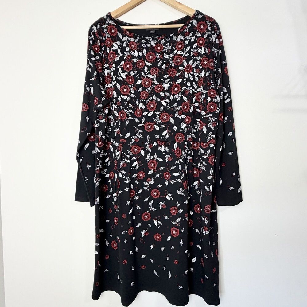 J. Jill Wearever Collection Black Red Floral Dress Women’s XL Long Sleeve